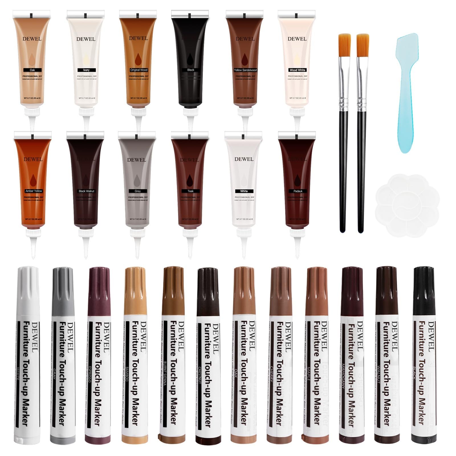 DEWEL 木製品キズ補修セット 12色補修ペン 12色補修クリーム 家具補修マーカー フローリング 床 ドア 家具補修 キズ隠し ネジ穴、ひび割れ、釘目、傷、焼灼、変色など補修 パレット/スクレーパー/ブラシ付き 24本セット
