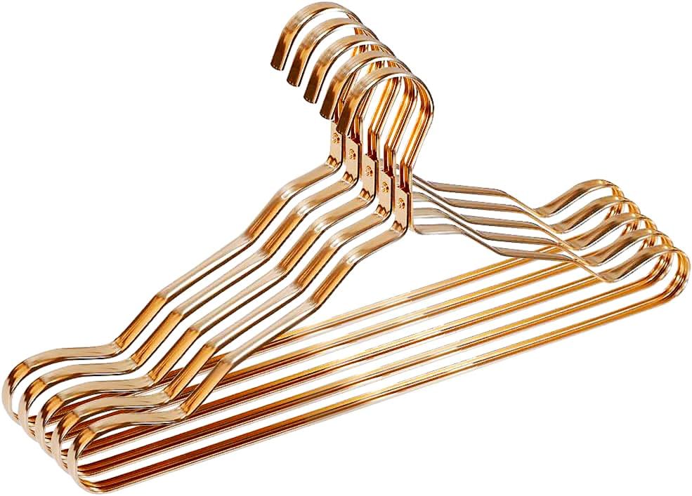 DEWEL ハンガー アルミニウム合金 メタル 衣類ハンガー 厚い 滑り止め 跡なし 洗濯ハンガー 家庭用 スーツハンガー インナー スカート ホテル用 厚い 洋服ハンガー ジャケット 壁掛け 10本セット (ゴールド)
