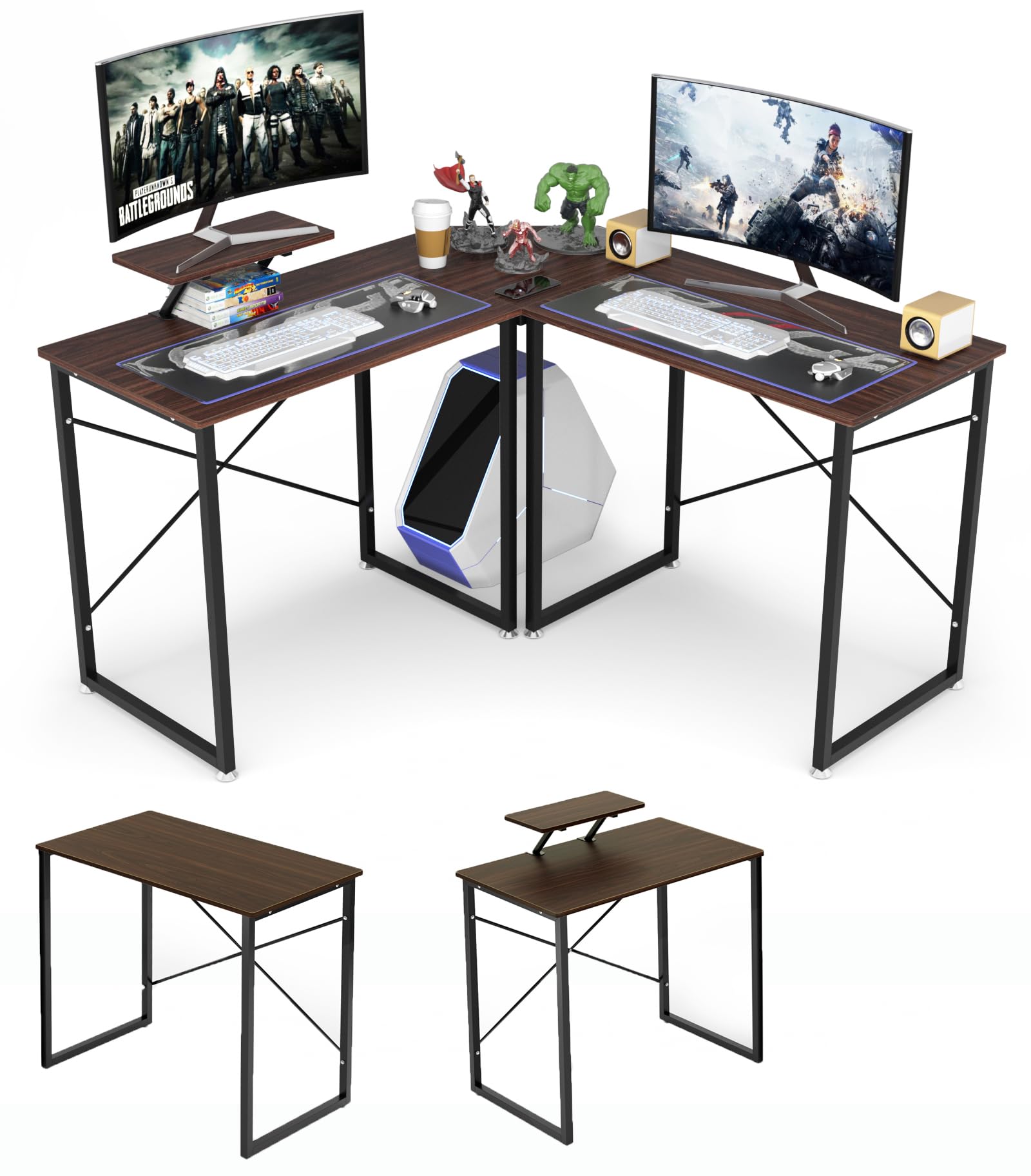 DEWEL コーナーデスク 幅130 L字型/一字型 2wayタイプ ゲーミングデスク テレワーク用 パソコンデスク 事務机 モニタースタンド付き 木目柄 足元フリー設計 グラつき防止 ブラック 130X130X75cm