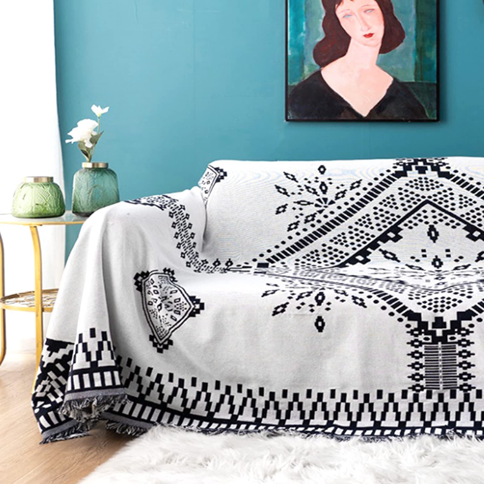 DEWEL マルチカバー おしゃれ ソファカバー 1－2人掛け 長方形 130*180cm ブランケット フリンジ付き 多機能 テーブルクロス ベッドカバー 綿+ポリエステル 滑り止め 水洗い 四季通用