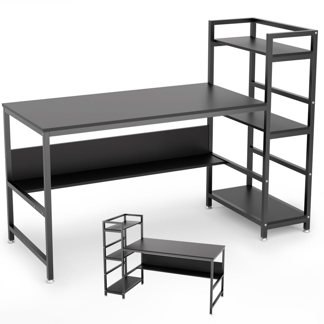 DEWEL デスク 机 パソコンデスク pcデスク 幅150cm 奥行60cm 左右入替可 木製 収納ラック付き ワークデスク 作業机 ラック付きデスク ゲーミング 棚付き 勉強机 学習机 総耐荷重90kg テレワーク 在宅勤務 黒 ブラック