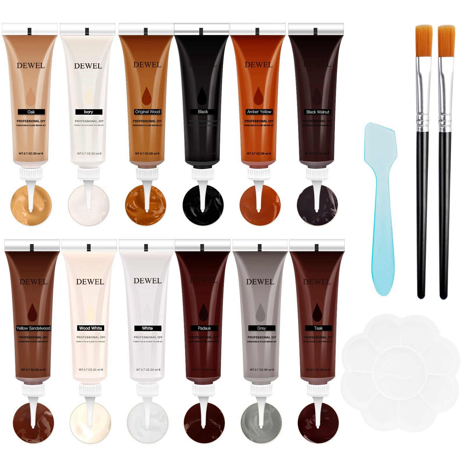 DEWEL 木製品キズ補修セット フローリング補修 フローリング 床 ドア 家具補修 キズ隠し ネジ穴、ひび割れ、釘目、傷、焼灼、変色など補修 パレット/スクレーパー/ブラシ付き