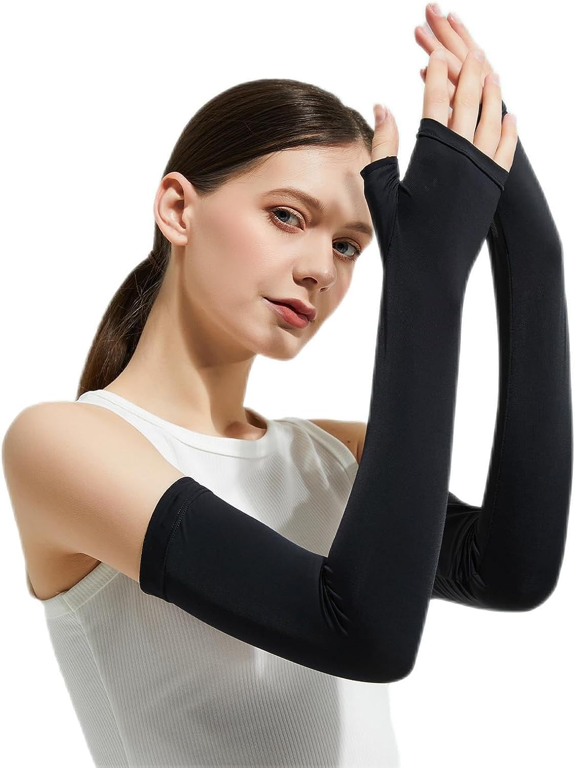 [DEWEL] アームカバー UVカット 腕カバー アームガード 接触冷感 -5℃ UPF50・UVカット率99.9% ロング丈 日焼け防止 ひんやり 紫外線対策 吸汗速乾 抗菌防臭 滑り止め 通気性 伸縮性 アウトドア活動用 男女兼用（両腕2枚組・指穴あり） (ブラック)