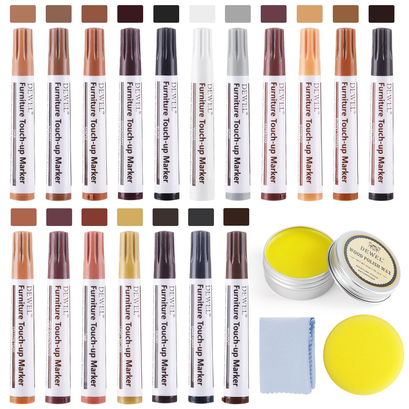 DEWEL 木製品キズ補修セット フローリング補修 家具補修 18色補修ペン フローリング 床 ドア キズ隠し ネジ穴、ひび割れ、釘目、傷、焼灼、変色など補修 ウッドワックス付き 木製家具補修