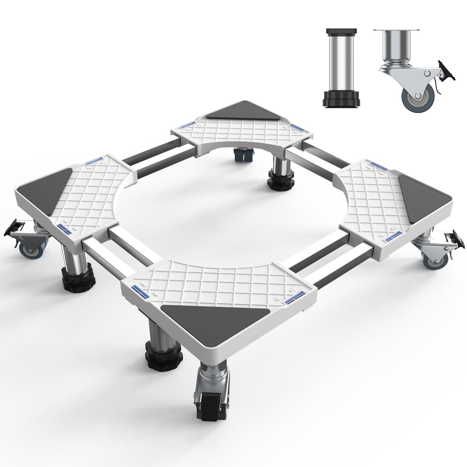 洗濯機 台 キャスター かさ上げ台 増高キャスター 8輪4足 洗濯機 冷蔵庫 置き台 奥行/幅:53.5～71cm 高度調節14.3∼14.5cm 頑丈 ジャッキ付き 冷蔵庫 台 異音振動軽減 防振パッド