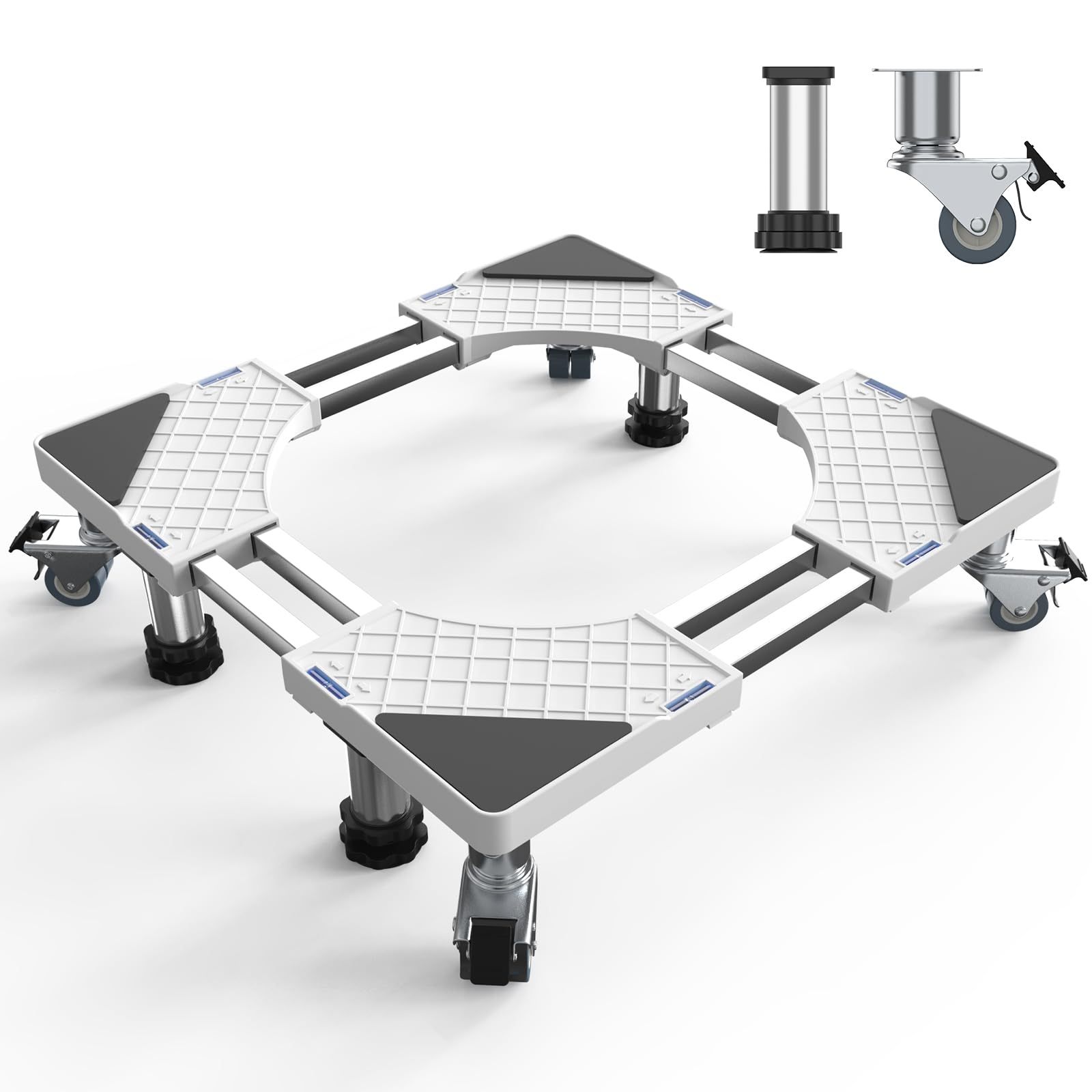 洗濯機 台 キャスター かさ上げ台 増高キャスター 8輪4足 洗濯機 冷蔵庫 置き台 奥行/幅:53.5～71cm 高度調節14.3∼14.5cm 頑丈 ジャッキ付き 冷蔵庫 台 異音振動軽減 防振パッド