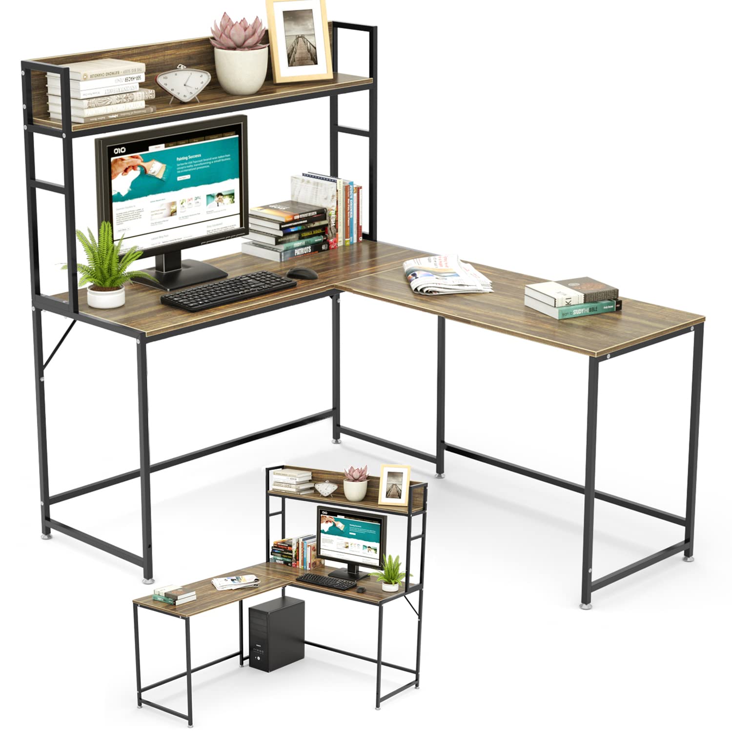 DEWEL パソコンデスク l字デスク 幅150cm 収納ラック付き 左右入替可能 モニターアーム対応 総耐荷重95kg テレワーク用 オフィスデスク PC デスク ゲーミングデスク 木製 事務机 足元フリー設計 グラつき防止 木目柄 幅150×幅110×奥行50×高さ145cm