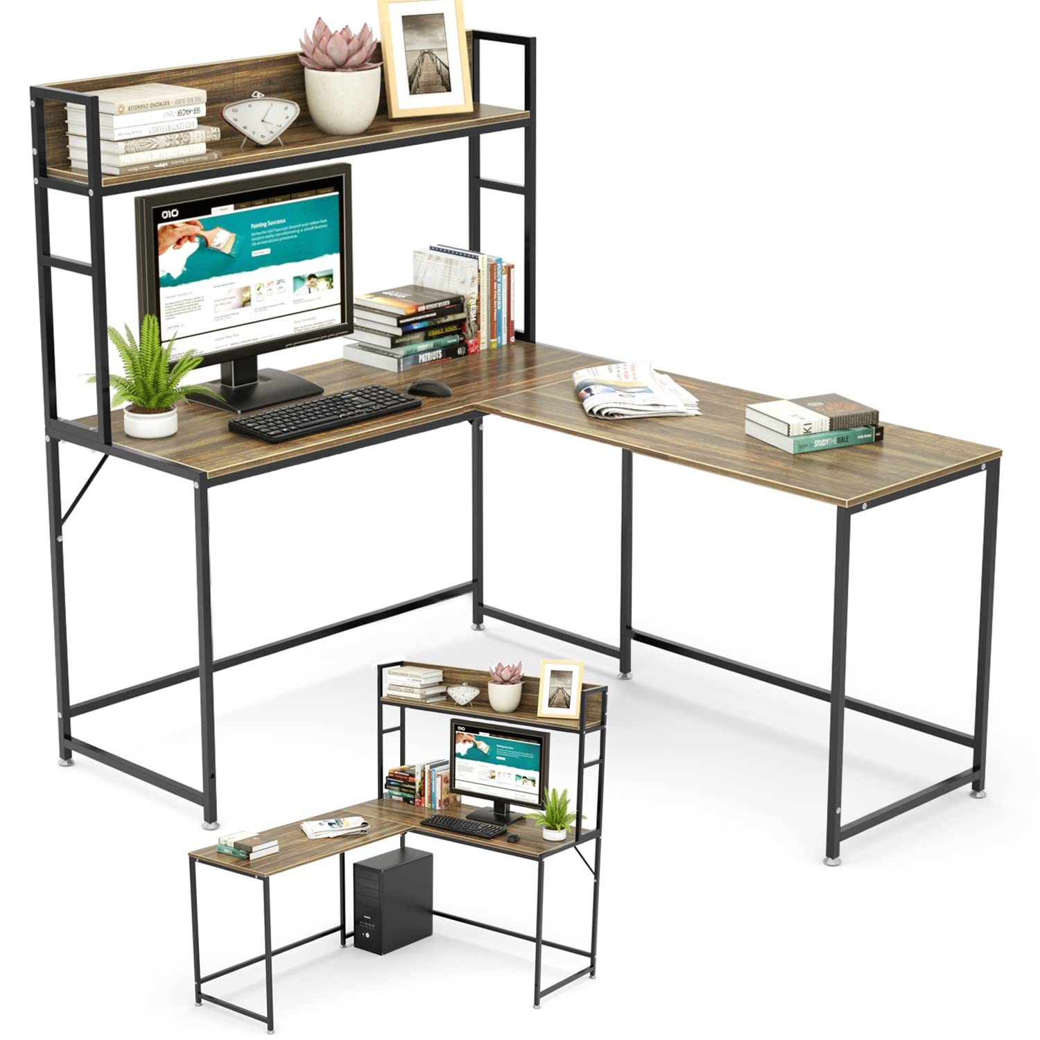 DEWEL パソコンデスク l字デスク 幅150cm 収納ラック付き 左右入替可能 モニターアーム対応 総耐荷重95kg テレワーク用 オフィスデスク PC デスク ゲーミングデスク 木製 事務机 足元フリー設計 グラつき防止 木目柄 幅150×幅110×奥行50×高さ145cm