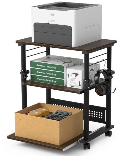 DEWEL プリンターラック プリンター台 上下昇降式 プリンターワゴン サイドワゴン 幅60cm 奥行40cm 3段 a4対応 デスク ワゴン プリンター収納 木製 高さ64-84cm 組立簡単