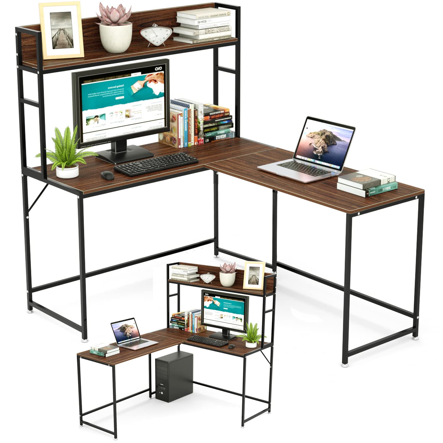 DEWEL パソコンデスク l字デスク 幅150cm 収納ラック付き 左右入替可能 モニターアーム対応 総耐荷重95kg テレワーク用 オフ