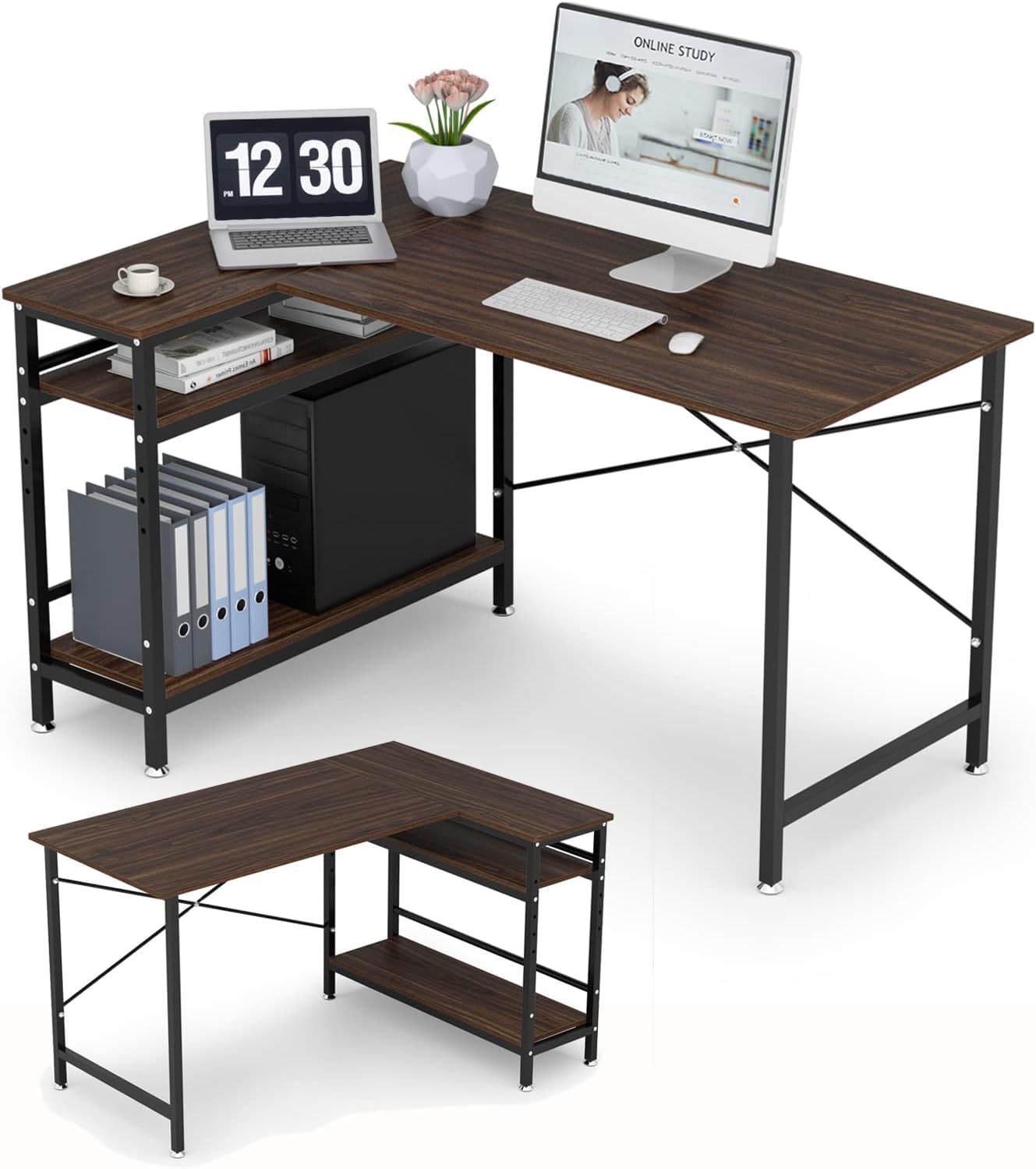 DEWEL パソコンデスク L字型 幅130cm コーナーデスク 左右入替え 収納ラック付き モニターアーム対応 総耐荷重140kg 木製 