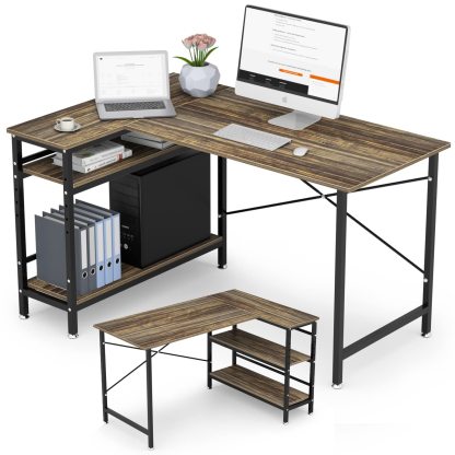 DEWEL パソコンデスク L字型 幅130cm コーナーデスク 左右入替え 収納ラック付き モニターアーム対応 総耐荷重140kg 木製 在宅勤務 組み立て簡単 ワークデスク テレワーク リモートワーク PCデスク おしゃれ コンパクト ゲーミング ラック付き 作業机 勉強机 メラミン加工 省スペース グラつき防止 組立式 デスク130X90X75cm