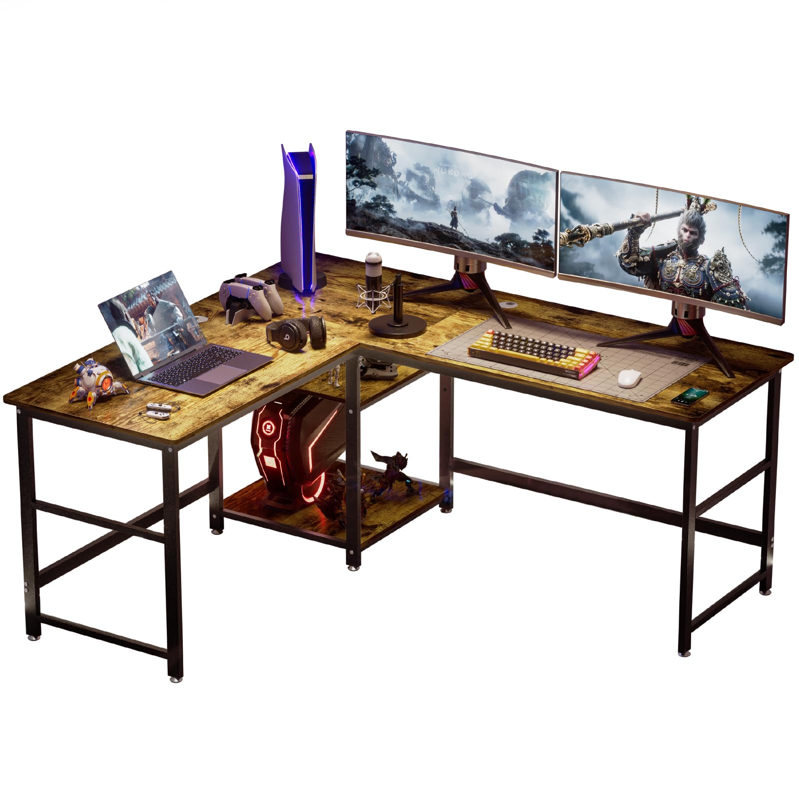 DEWEL ゲーミングデスク パソコンデスク 幅170+150cm 奥行60cm 可動収納棚付き 超ワイドL字デスク オフィスデスク PCデスク メラミン加工 グラつき防止 総耐荷重180kg コーナーデスク 4cmフレーム テレワーク 木製 170+150X60X75cm