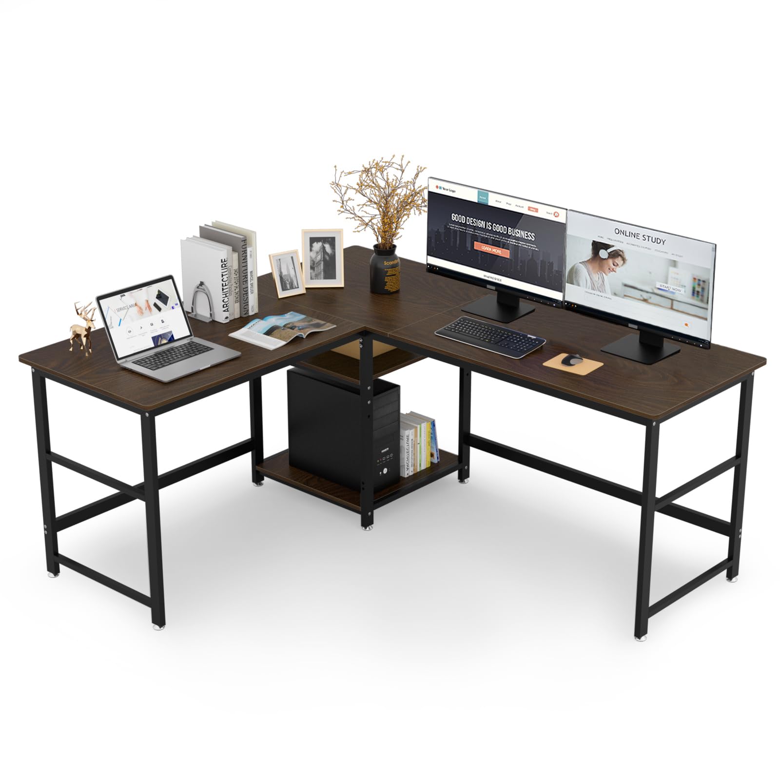 DEWEL ゲーミングデスク パソコンデスク 幅170+150cm 奥行60cm 可動収納棚付き 超ワイドL字デスク オフィスデスク PCデスク メラミン加工 グラつき防止 総耐荷重180kg コーナーデスク 4cmフレーム テレワーク 木製 170+150X60X75cm