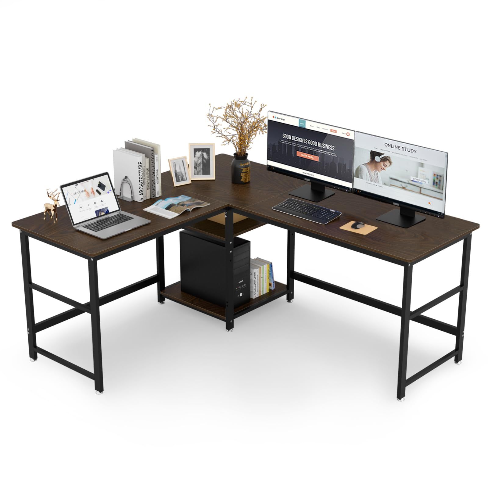 DEWEL ゲーミングデスク パソコンデスク 幅170+150cm 奥行60cm 可動収納棚付き 超ワイドL字デスク オフィスデスク PCデスク メラミン加工 グラつき防止 総耐荷重180kg コーナーデスク 4cmフレーム テレワーク 木製 170+150X60X75cm