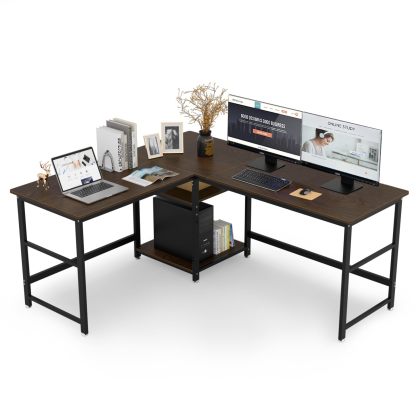 DEWEL ゲーミングデスク パソコンデスク 幅170+150cm 奥行60cm 可動収納棚付き 超ワイドL字デスク オフィスデスク PCデスク メラミン加工 グラつき防止 総耐荷重180kg コーナーデスク 4cmフレーム テレワーク 木製 170+150X60X75cm