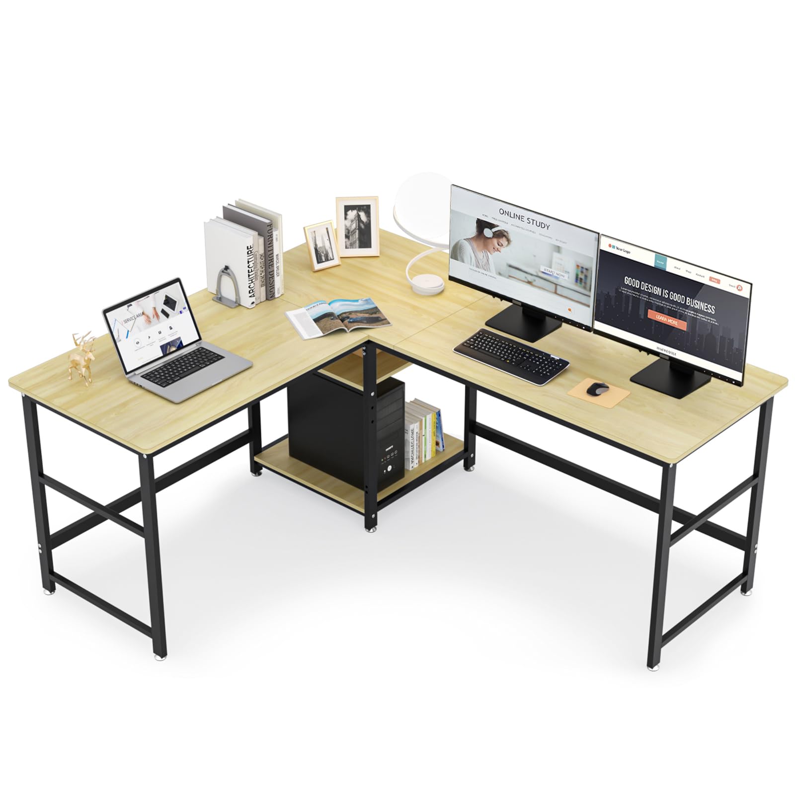 DEWEL ゲーミングデスク パソコンデスク 幅170+150cm 奥行60cm 可動収納棚付き 超ワイドL字デスク オフィスデスク PCデスク メラミン加工 グラつき防止 総耐荷重180kg コーナーデスク 4cmフレーム テレワーク 木製 170+150X60X75cm