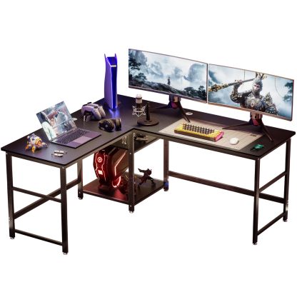 DEWEL ゲーミングデスク パソコンデスク 幅170+150cm 奥行60cm 可動収納棚付き 超ワイドL字デスク オフィスデスク PCデスク メラミン加工 グラつき防止 総耐荷重180kg コーナーデスク 4cmフレーム テレワーク 木製 170+150X60X75cm