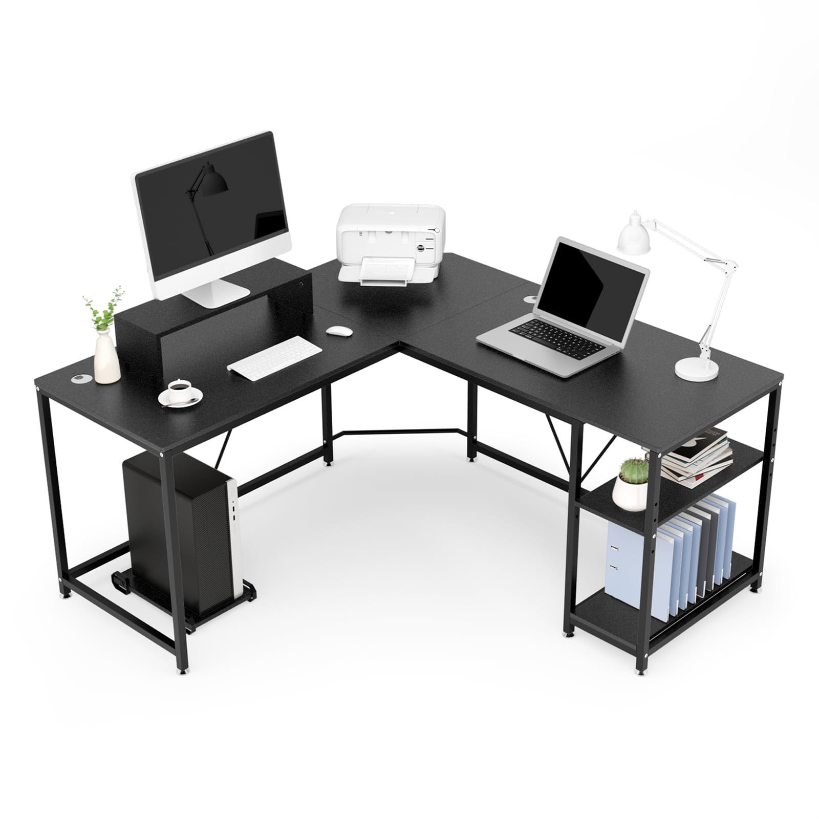 DEWEL デスク l字 160 l型 l字型 パソコンデスク コーナーデスク pc 机 収納 ラック CPUスタンド モニター台 付き オフィスデスク ゲーミングデスク ワークデスク 勉強机 在宅勤務 テレワーク 幅150+160cm 奥行60cm 高さ75cm