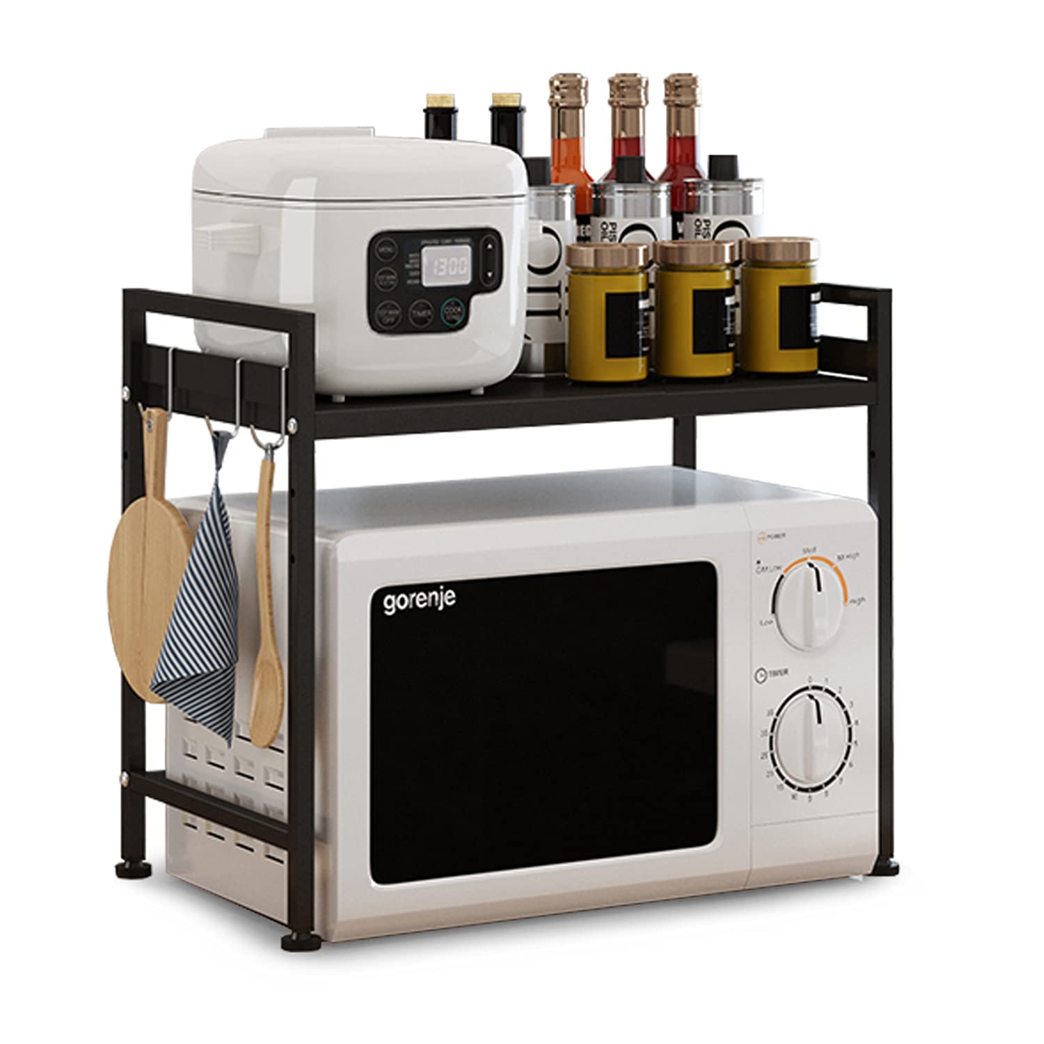 DEWEL レンジ上ラック レンジボード レンジ台 伸縮 高さ調整 耐熱 耐水 レンジラック キッチン 収納 棚 ラック トースターラック 大型レンジ対応 カウンター上ラック ステンレス 電子レンジ台 電子 ブラック