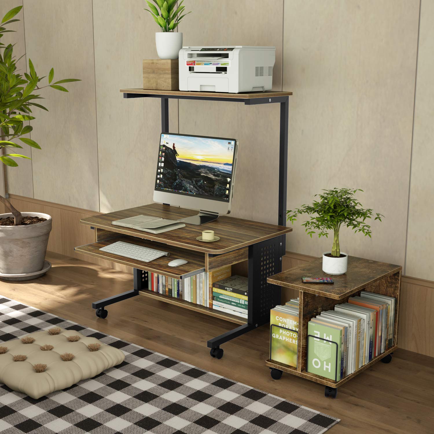 DEWEL ローデスク パソコンデスク ロータイプ テレワーク用 収納棚付 キーボードテーブル付 プリンターラック キャスター付 移動便利 机 pcデスク パソコンラック 収納ラック付き 木製 テーブル 木目柄 PCラック 省スペース シンプルワークデスク 学習机 80X50X100cm(天板の高さ:45cm)