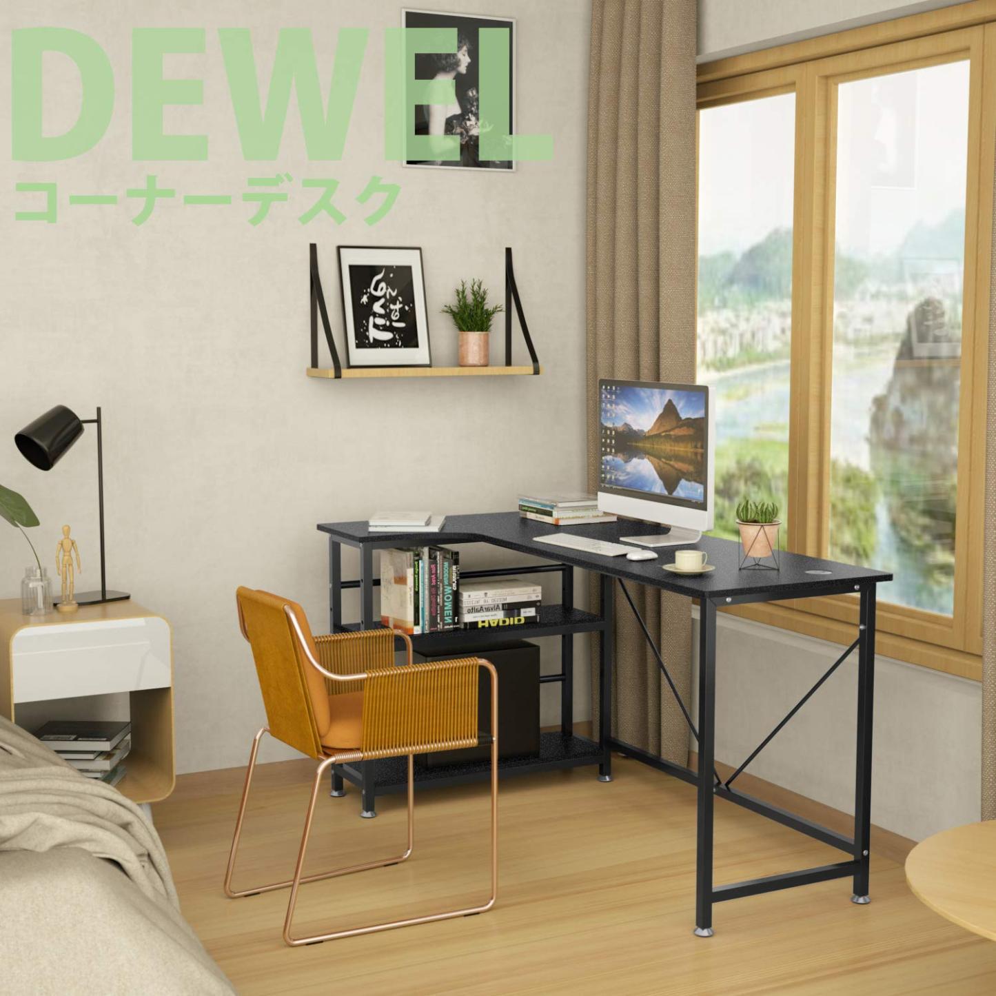 コーナーデスク L字型 幅140cm モニターアーム取付対応 DEWEL パソコンデスク テレワーク用 2段階収納ラック付き ラック付きデスク パソコンラック 木製 L字デスク 収納棚付き アジャスタ付き オフィスデスク PC デスク ワークデスク 事務 机 木目柄 勉強机 省スペース グラつき防止 シンプル メラミン加工 ブラック140X80X75cm