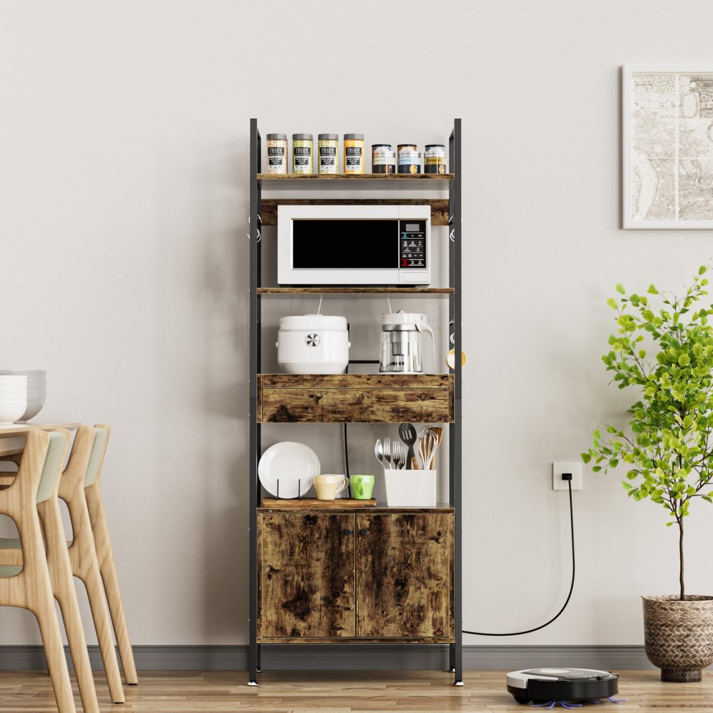 DEWEL キッチンラック キッチンワゴンスリム レンジ台 扉付き食器棚 幅60×奥行36×高さ162.5cm 6段式 レンジラック レンジボード ベイカーラック カウンターキッチン キッチン収納 大型レンジ対応 一人暮らし スライド棚 高さ調整可動棚 引き出し付き 3口コンセント付き&S字フック6個付き オープンシェルフ レトロカラー