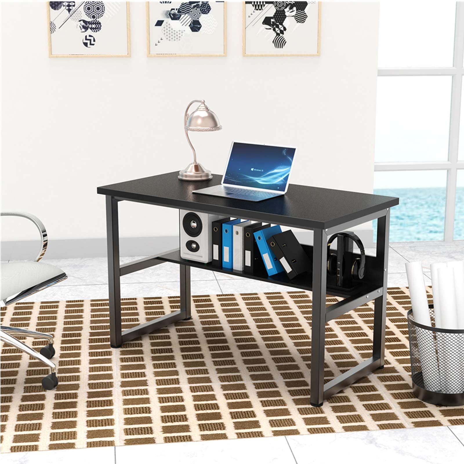 ゲーミングデスクパソコンデスク テレワーク用 幅120cm 奥行60cm シンプル pcデスク 耐荷重65kg 収納ラック付き 広いpcデスク ワークデスク オフィスデスク アジャスター付き 収納つきデスク 勉強デスク 勉強机 木製 シンプル 木目柄 メラミン加工 在宅勤務 120X60X75cm