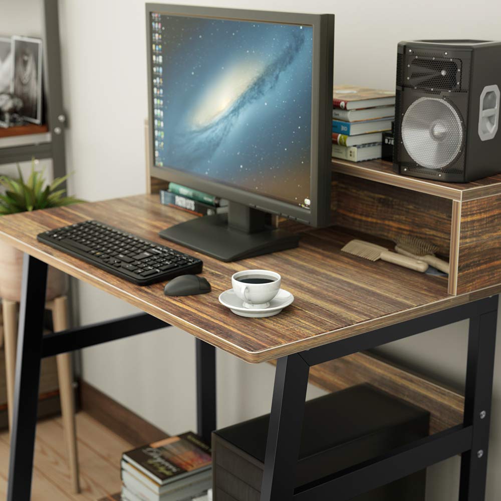DEWEL パソコンデスク 机 テレワーク用 モニタースタンド付き 幅80cm 高さ90cm 耐荷重70kg pcデスク ワークデスク オフィスデスク ハーデスク 収納ラック付き 収納つきデスク 勉強デスク 勉強机 木製 シンプル 木目柄 メラミン加工 在宅勤務 シンプル 80X50X90cm