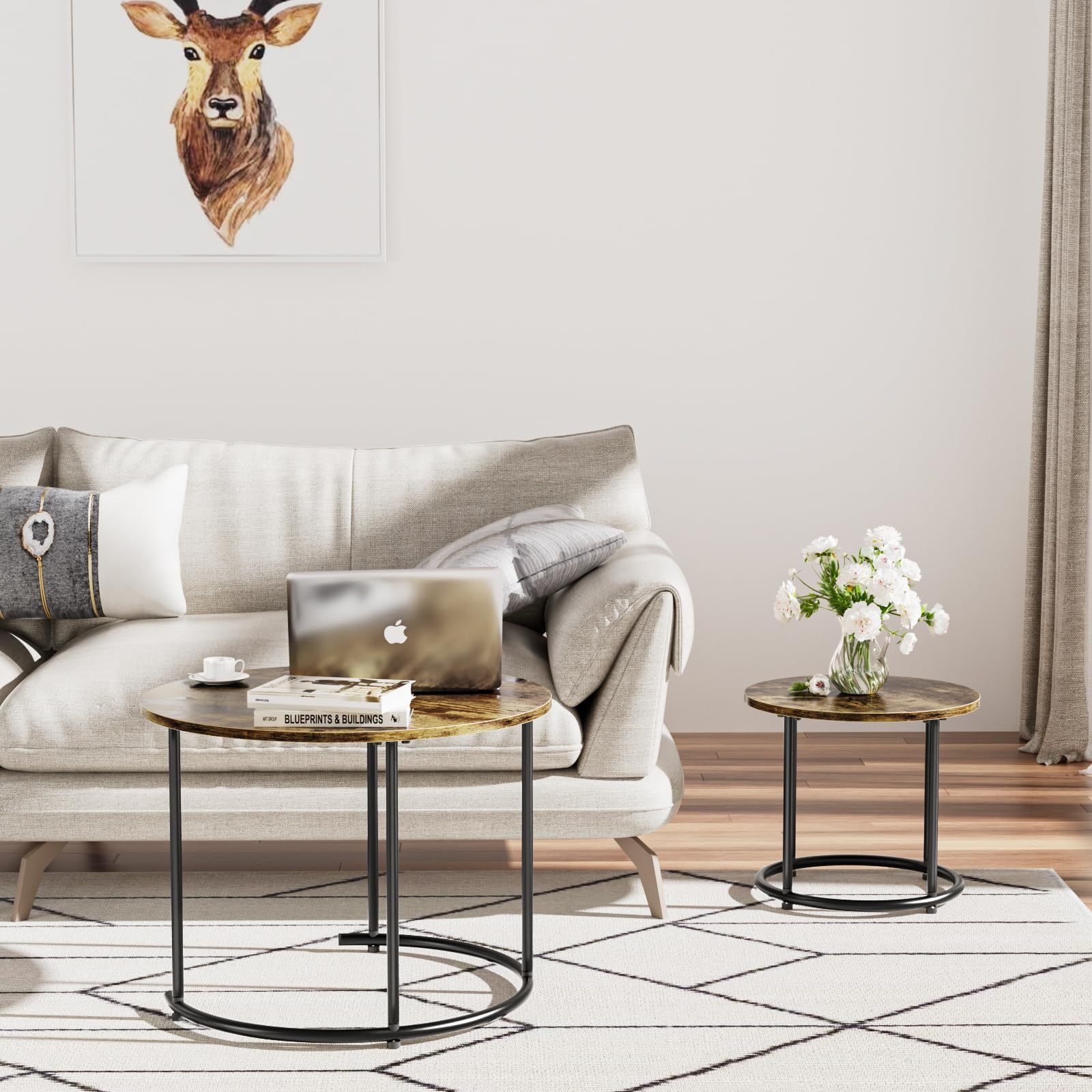  ネストテーブル DEWEL 2個セットカフェテーブル 組み合わせ自由 入れ子式 円型 テレワーク 一人暮らし おしゃれ シンプル 木目調