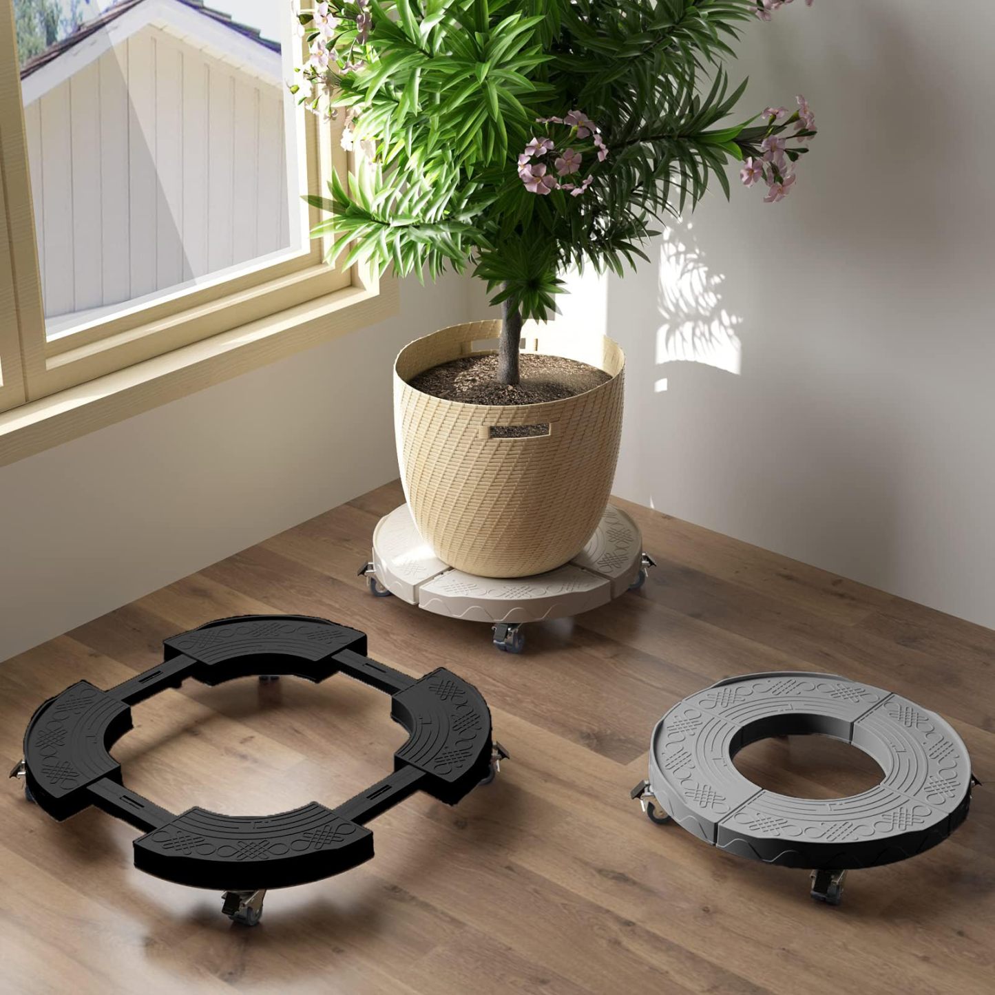 DEWEL 花台 鉢受プレート移動できる 植木鉢台 キャスター付き 伸縮タイプ サイズ調節可 ブレーキ付き 360°移動便利 調節可能 滑り止め 38.5-52.5cm伸縮可能 円形と矩形対応 高さ11㎝ 耐荷重200kg