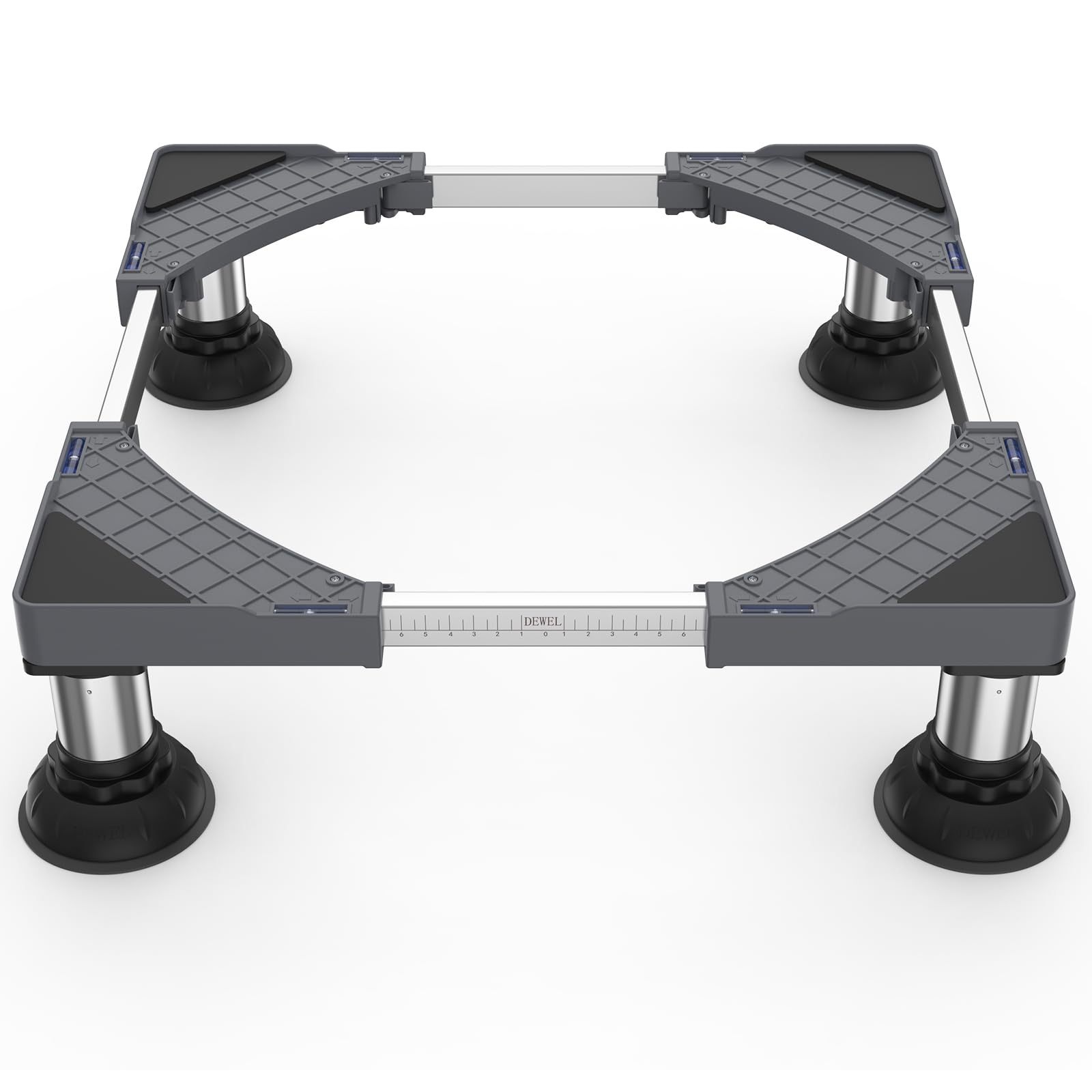 洗濯機 台 冷蔵庫置き 台 15-17CM高度調節 DEWEL 増大増高ジャッキ付き 大吸盤 耐荷重約500kg かさ上げ台 高さ調節 伸縮式 幅/奥行44.5~70cm 減音防振 安定性が高い ステインレス製 防振パッド付き