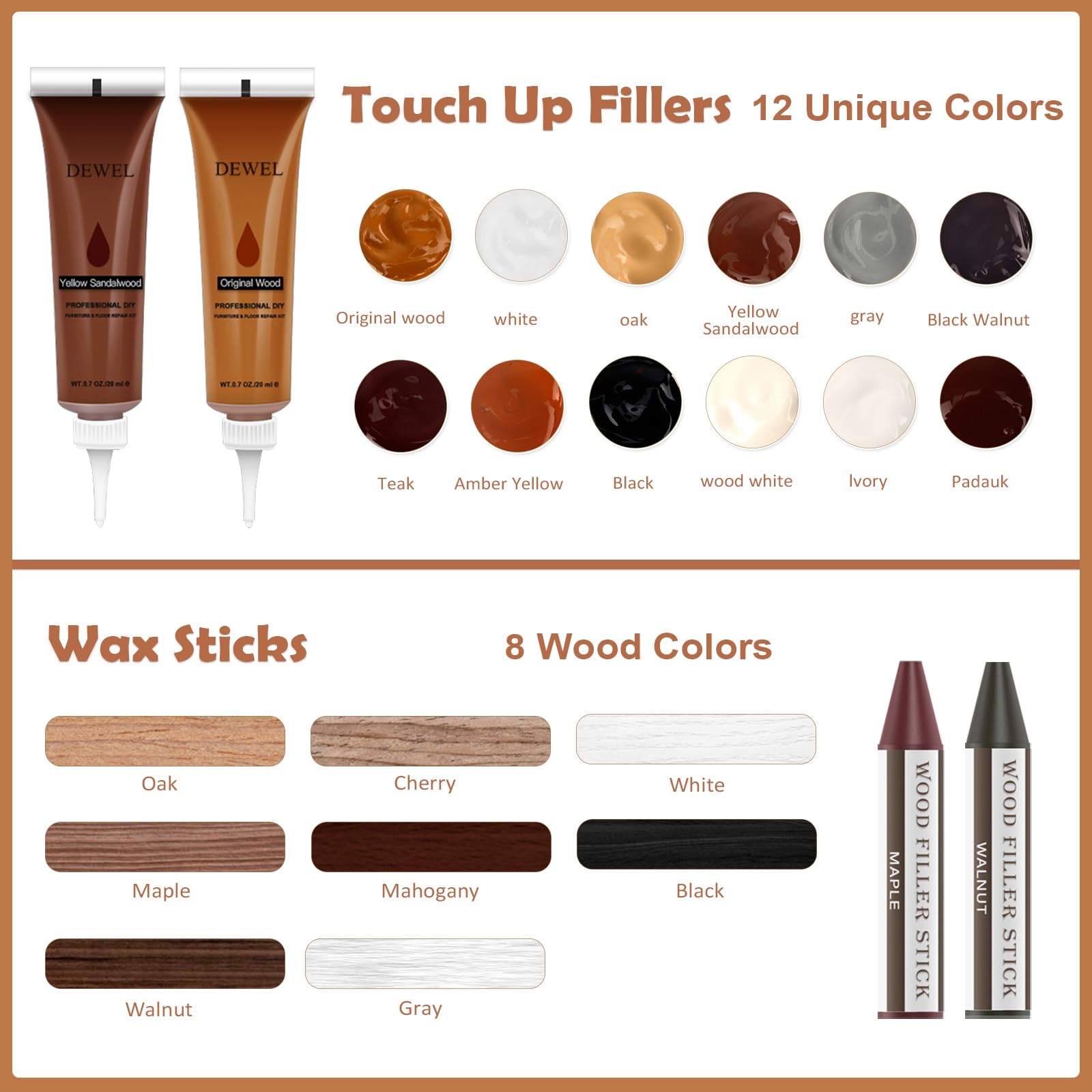 DEWEL 木製品キズ補修セット フローリング補修 家具補修 8色補修棒 12色補修クリーム ウッドパテ フローリング 床 ドア補修 キズ隠し ネジ穴、ひび割れ、釘目、傷、焼灼、変色など補修 サンドペーパー/スクレーパー/ブラシ/芯削り器付き
