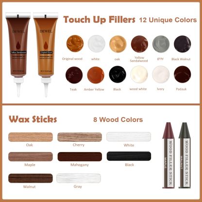 DEWEL 木製品キズ補修セット フローリング補修 家具補修 8色補修棒 12色補修クリーム ウッドパテ フローリング 床 ドア補修 キズ隠し ネジ穴、ひび割れ、釘目、傷、焼灼、変色など補修 サンドペーパー/スクレーパー/ブラシ/芯削り器付き