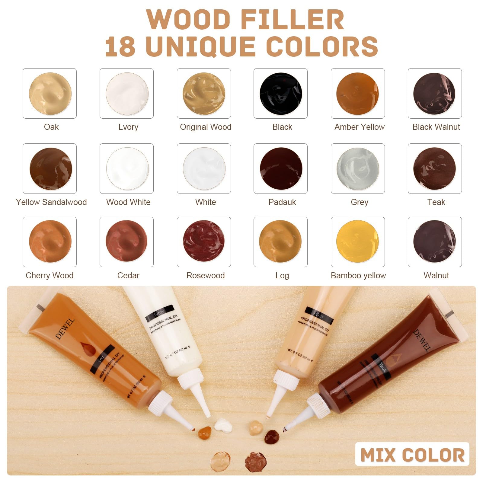 DEWEL 木製品キズ補修 キズ補修クリームキット フローリング 補修クリーム 18色入り 100g木工パテ 100g木蝋油 家具修理キット 木工 木製の家具 床 補修 キズ すりキズ用 傷消し 床補修 ドア補修 補修材 傷直し あらゆるキズの補修セット