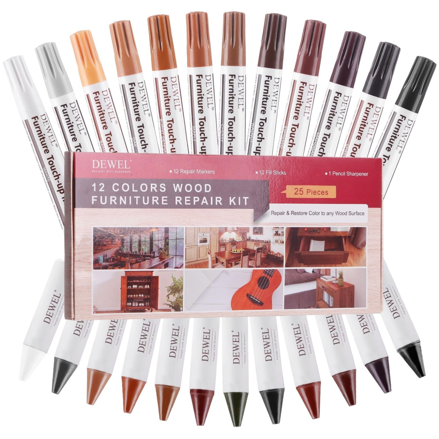DEWEL 木製品補修セット 12色の補修ペンと補修棒 ウッドフィラー 木製品キズ補修 家具補修マーカー ウッドマーカー 家具磨き 傷修復＆修理タッチアップキット あらゆる木材に使用 木の表面でも簡単に復元 傷消し 補修材 ウッドステインペン