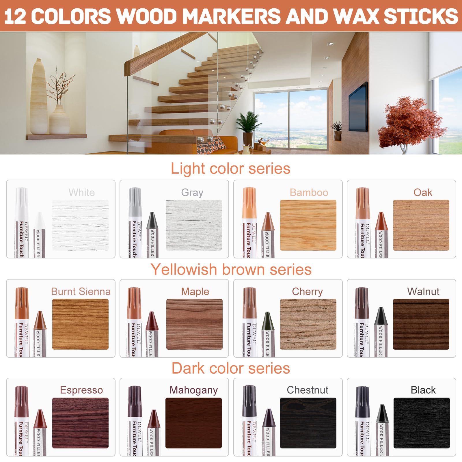 DEWEL 木製品キズ補修セット 家具 補修ペン 家具補修マーカー フローリング補修 12色補修ペン 12色補修棒 床 ドア剥がれ 棚 家具補修 キズ隠し ひび割れ、傷、焼灼、変色など補修 芯削り器付き 24本セット 家具の傷、汚れ用