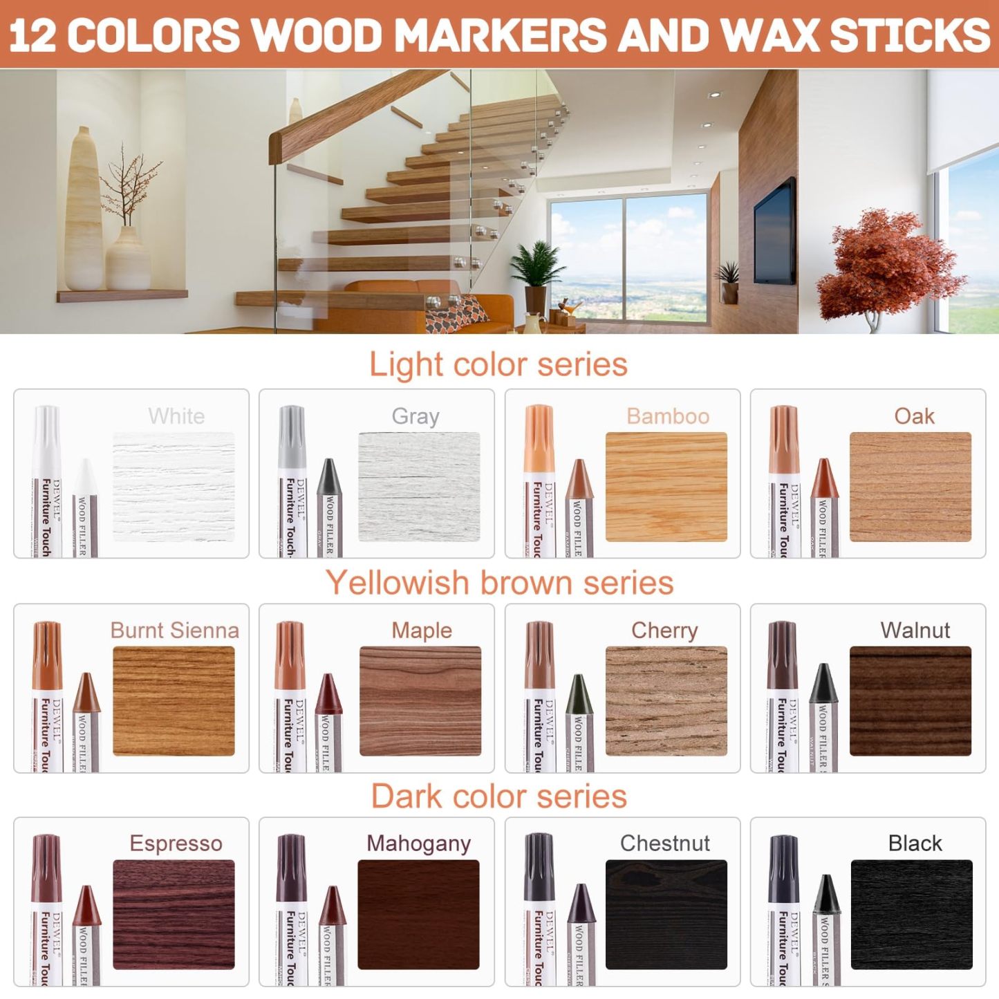 DEWEL 木製品キズ補修セット 家具 補修ペン 家具補修マーカー フローリング補修 12色補修ペン 12色補修棒 床 ドア剥がれ 棚 家具補修 キズ隠し ひび割れ、傷、焼灼、変色など補修 芯削り器付き 24本セット 家具の傷、汚れ用