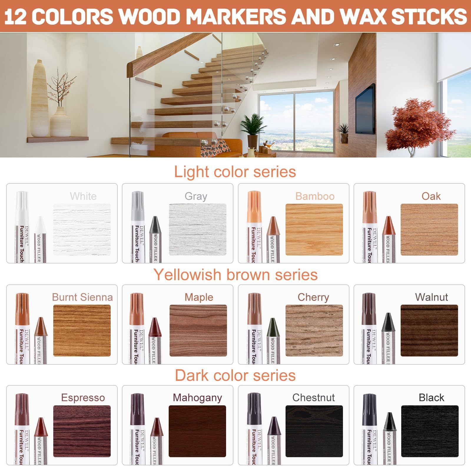 DEWEL 木製品キズ補修セット 家具 補修ペン 家具補修マーカー フローリング補修 12色補修ペン 12色補修棒 床 ドア剥がれ 棚 家具補修 キズ隠し ひび割れ、傷、焼灼、変色など補修 芯削り器付き 24本セット 家具の傷、汚れ用