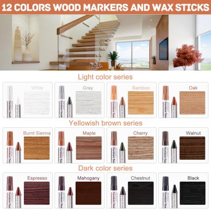 DEWEL 木製品キズ補修セット 家具 補修ペン 家具補修マーカー フローリング補修 12色補修ペン 12色補修棒 床 ドア剥がれ 棚 家具補修 キズ隠し ひび割れ、傷、焼灼、変色など補修 芯削り器付き 24本セット 家具の傷、汚れ用