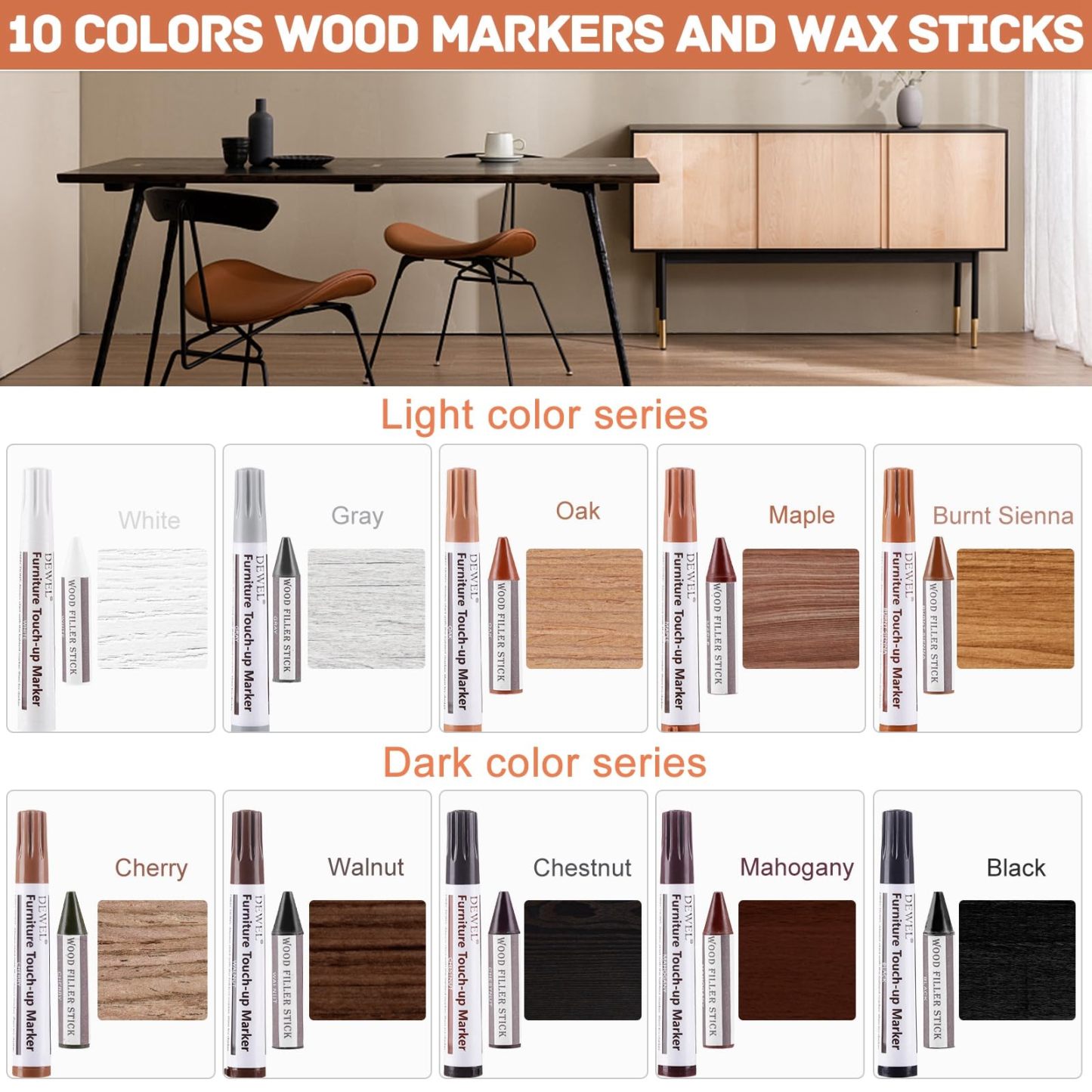 DEWEL 木製品キズ補修セット 家具 補修ペン 家具補修マーカー フローリング補修 10色補修ペン 10色補修棒 床 ドア剥がれ 棚 家具補修 キズ隠し ひび割れ、傷、焼灼、変色など補修 芯削り器付き 20本セット 家具の傷、汚れ用