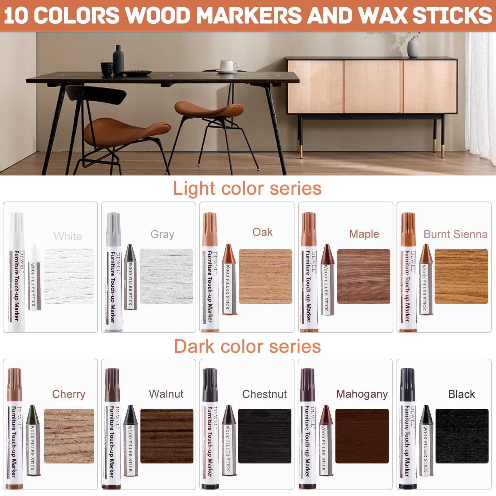 DEWEL 木製品キズ補修セット 家具 補修ペン 家具補修マーカー フローリング補修 10色補修ペン 10色補修棒 床 ドア剥がれ 棚 家具補修 キズ隠し ひび割れ、傷、焼灼、変色など補修 芯削り器付き 20本セット 家具の傷、汚れ用
