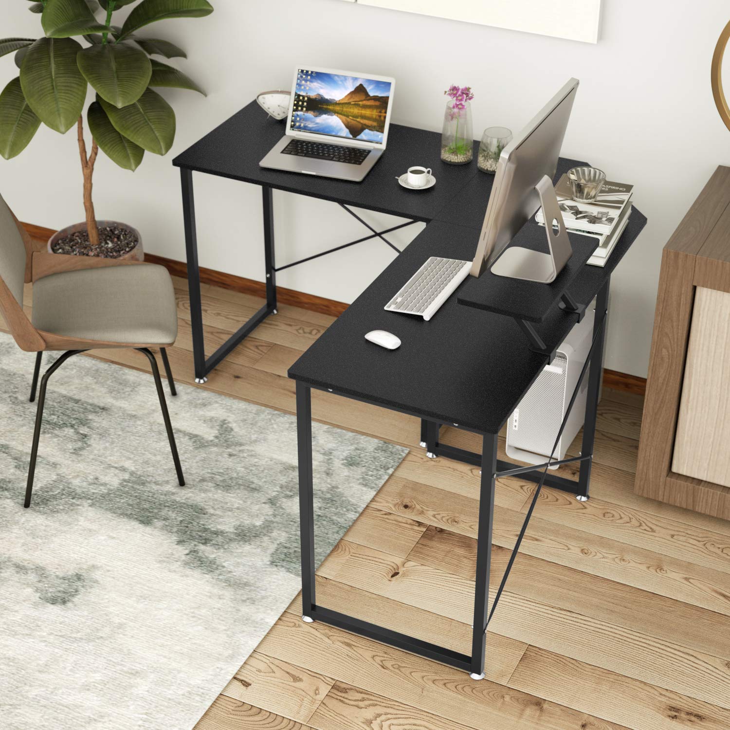 DEWEL コーナーデスク 幅130 L字型/一字型 2wayタイプ ゲーミングデスク テレワーク用 パソコンデスク 事務机 モニタースタンド付き 木目柄 足元フリー設計 グラつき防止 ブラック 130X130X75cm