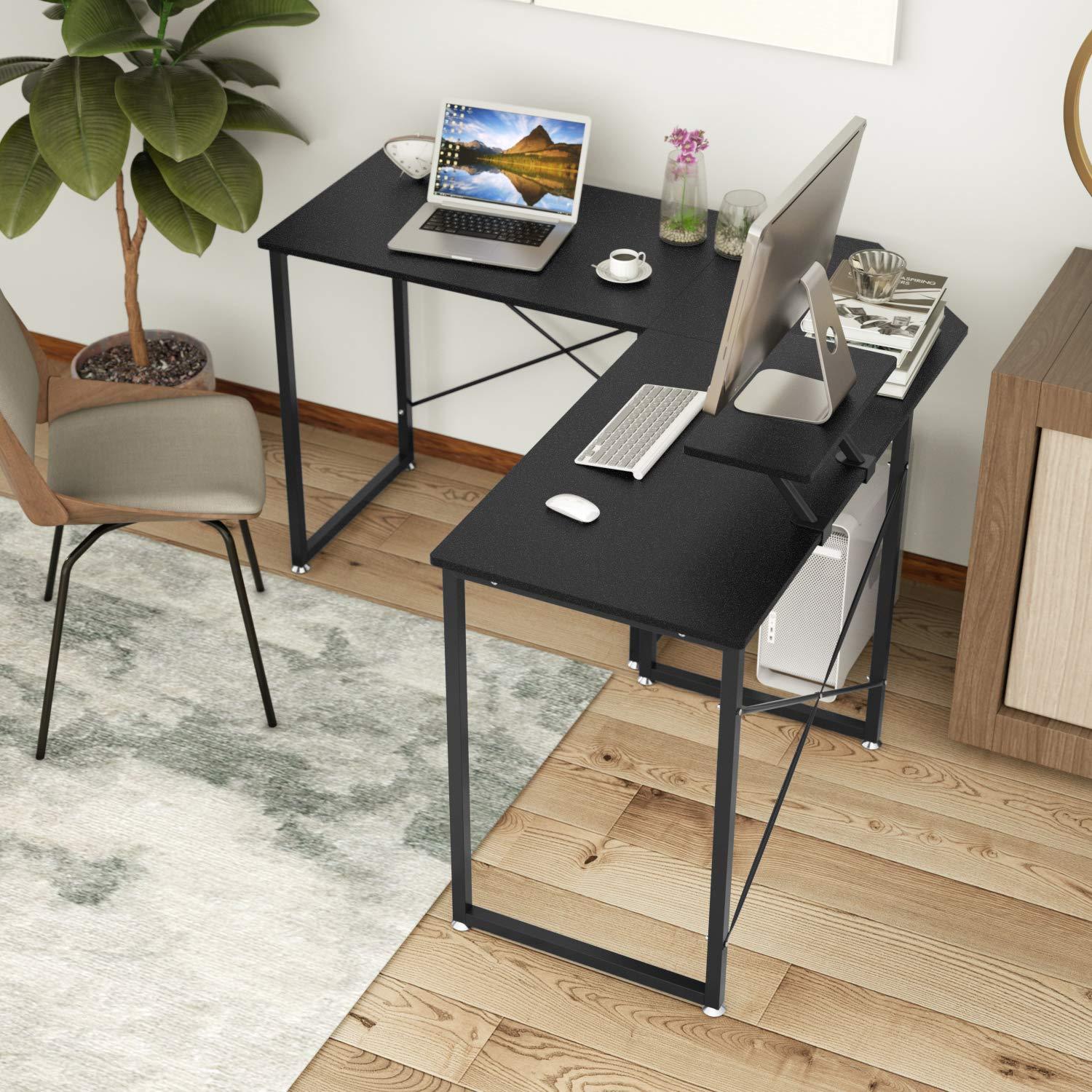 DEWEL コーナーデスク 幅130 L字型/一字型 2wayタイプ ゲーミングデスク テレワーク用 パソコンデスク 事務机 モニタースタンド付き 木目柄 足元フリー設計 グラつき防止 ブラック 130X130X75cm