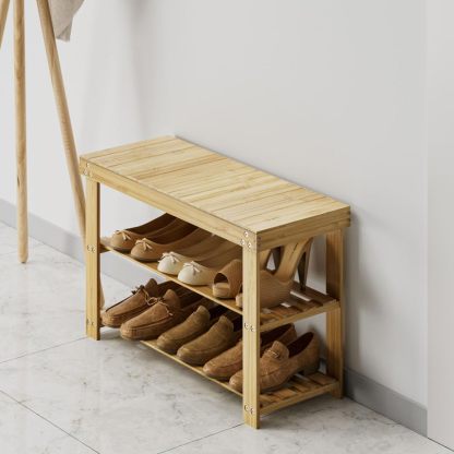 DEWEL 玄関ベンチ 履き替えベンチ シューズラック 竹製 ２段 幅70cm×奥行き28cm×高さ44.8cm 組立簡単 靴履きベンチ 靴ラック 省スペース玄関 玄関に靴を効率収納 玄関椅子 物置棚 ラックベンチ 木製ベンチ 靴箱 収納 室内 靴棚 靴入れ フットスツール 木色 玄関ベンチ 収納