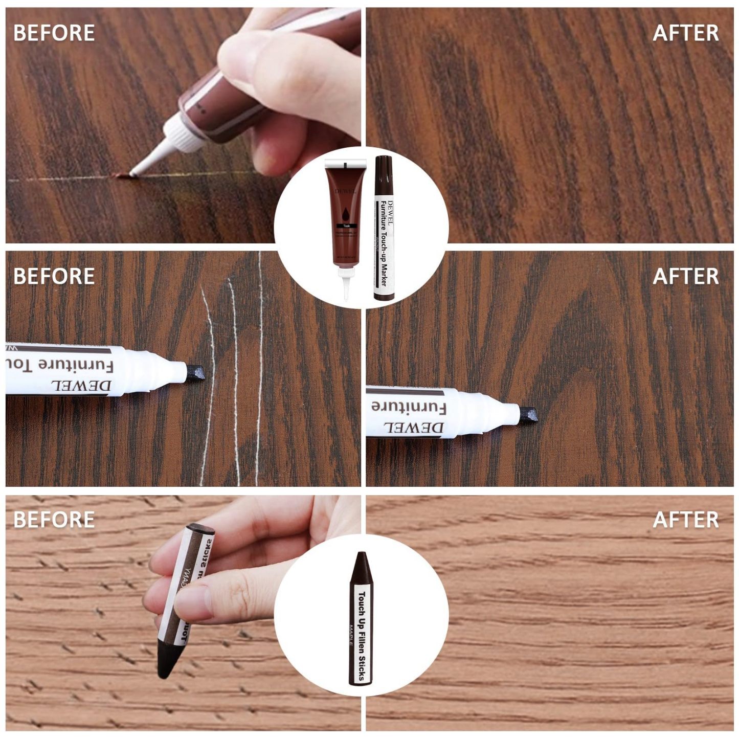 DEWEL 木製家具修理キット、アップグレード木材フィラー、ワックススティック付き家具タッチアップマーカー、傷、ひび割れ、穴、ラミネート、テーブル、ベッドポスト用の床タッチアップキット42個
