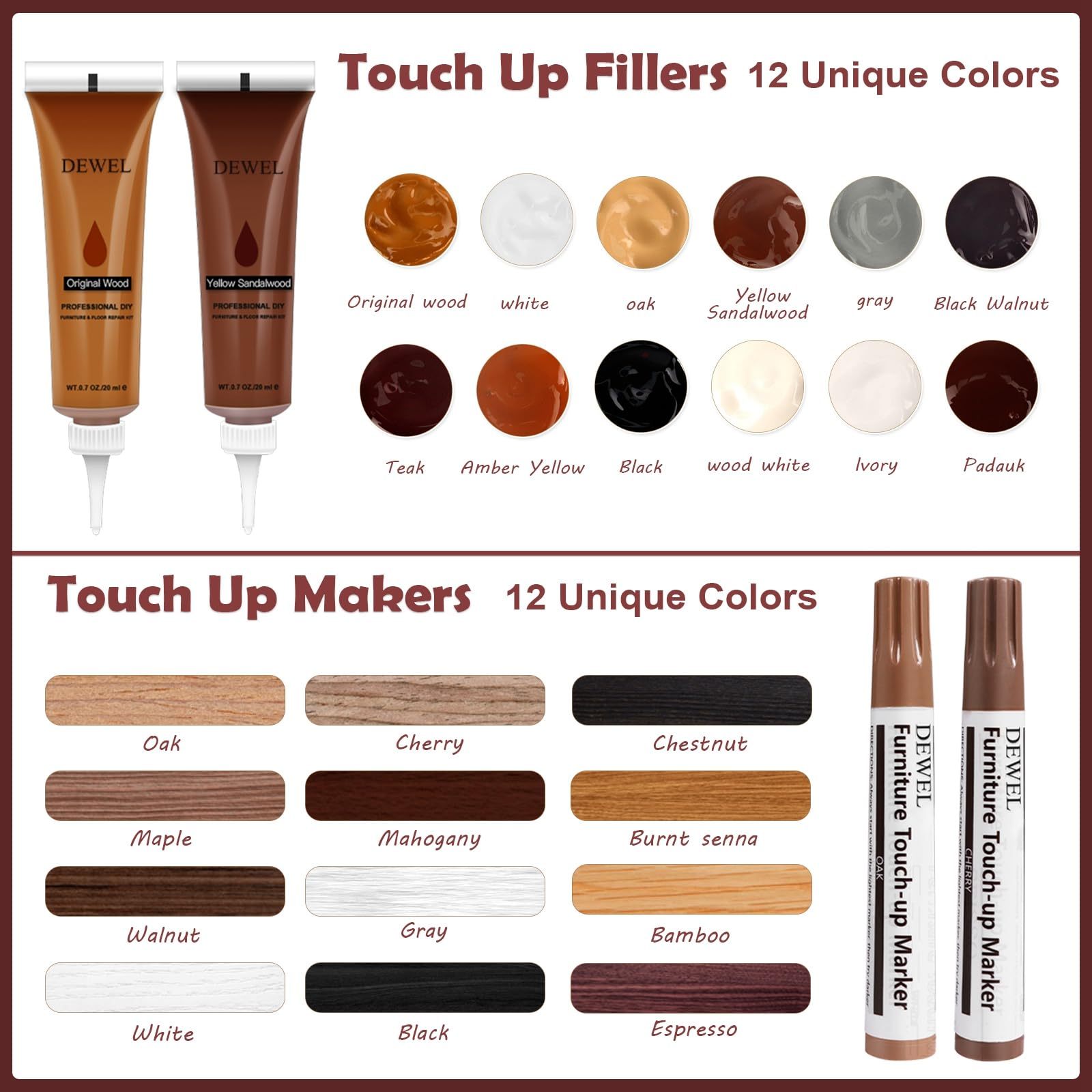 DEWEL 木製品キズ補修セット 12色補修ペン 12色補修クリーム 家具補修マーカー フローリング 床 ドア 家具補修 キズ隠し ネジ穴、ひび割れ、釘目、傷、焼灼、変色など補修 パレット/スクレーパー/ブラシ付き 24本セット