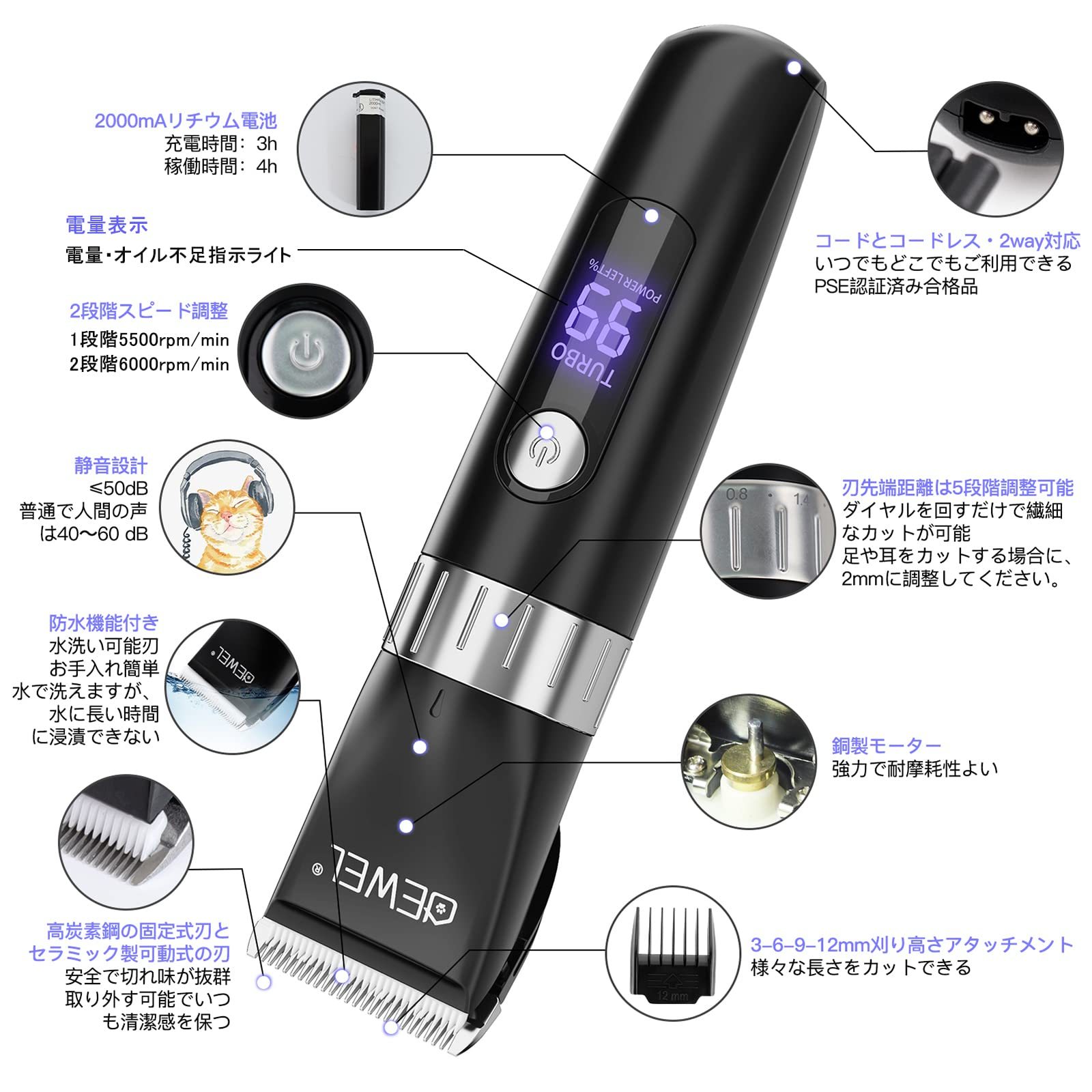 DEWEL ペット用バリカン 防水 静音 コードレス 2段階スピード ペット バリカン 犬用 クリッパー 猫用 犬 猫 トリミング ばりかん グルーミングバリカン 全身用 プロ用 家庭用