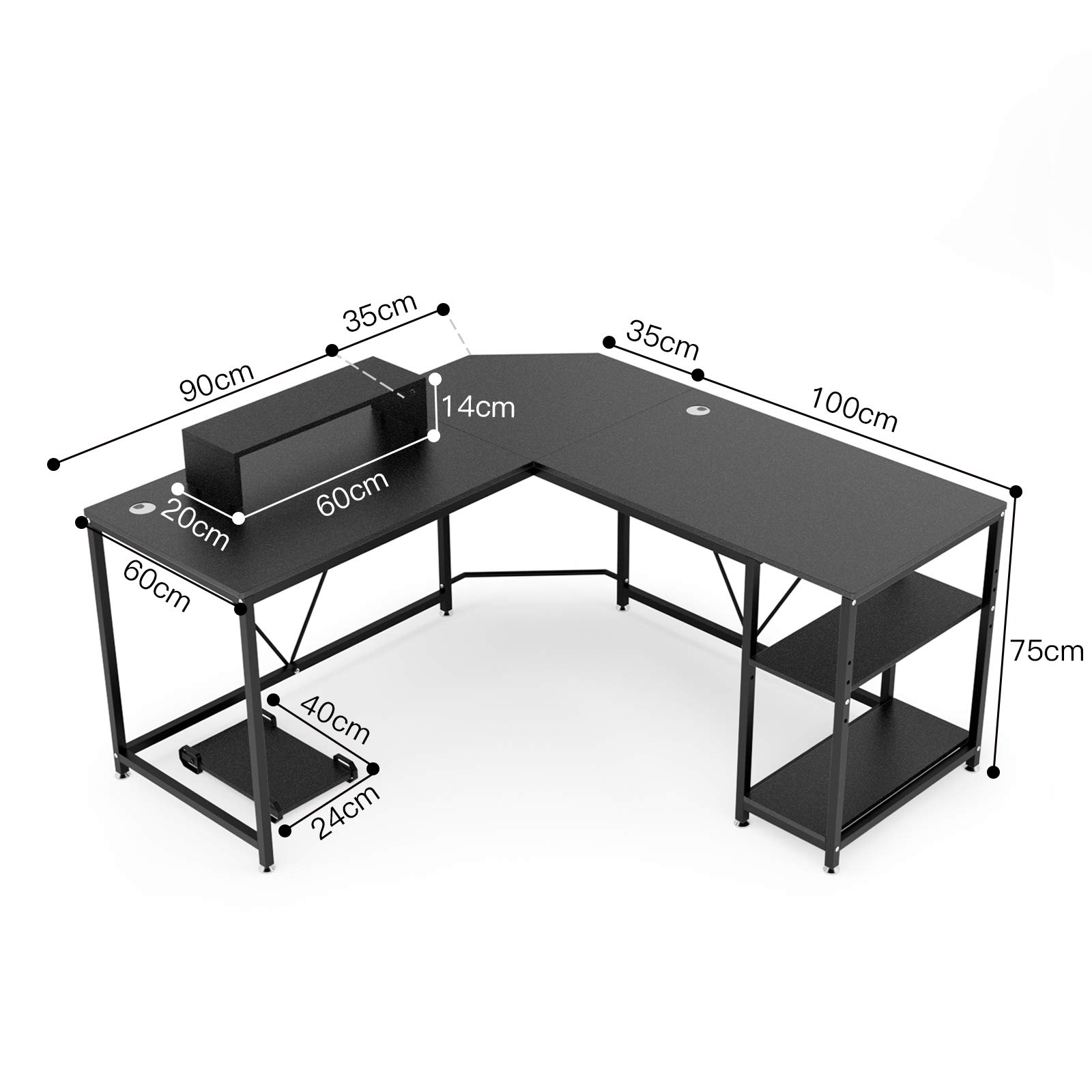 DEWEL デスク l字 160 l型 l字型 パソコンデスク コーナーデスク pc 机 収納 ラック CPUスタンド モニター台 付き オフィスデスク ゲーミングデスク ワークデスク 勉強机 在宅勤務 テレワーク 幅150+160cm 奥行60cm 高さ75cm