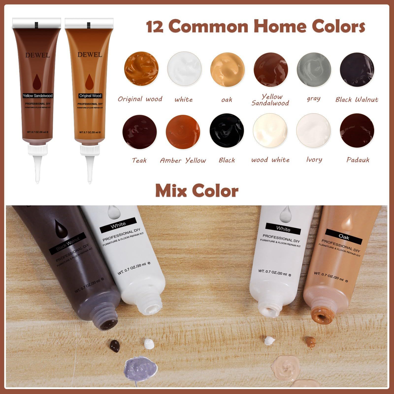DEWEL 木製品キズ補修セット フローリング補修 フローリング 床 ドア 家具補修 キズ隠し ネジ穴、ひび割れ、釘目、傷、焼灼、変色など補修 パレット/スクレーパー/ブラシ付き